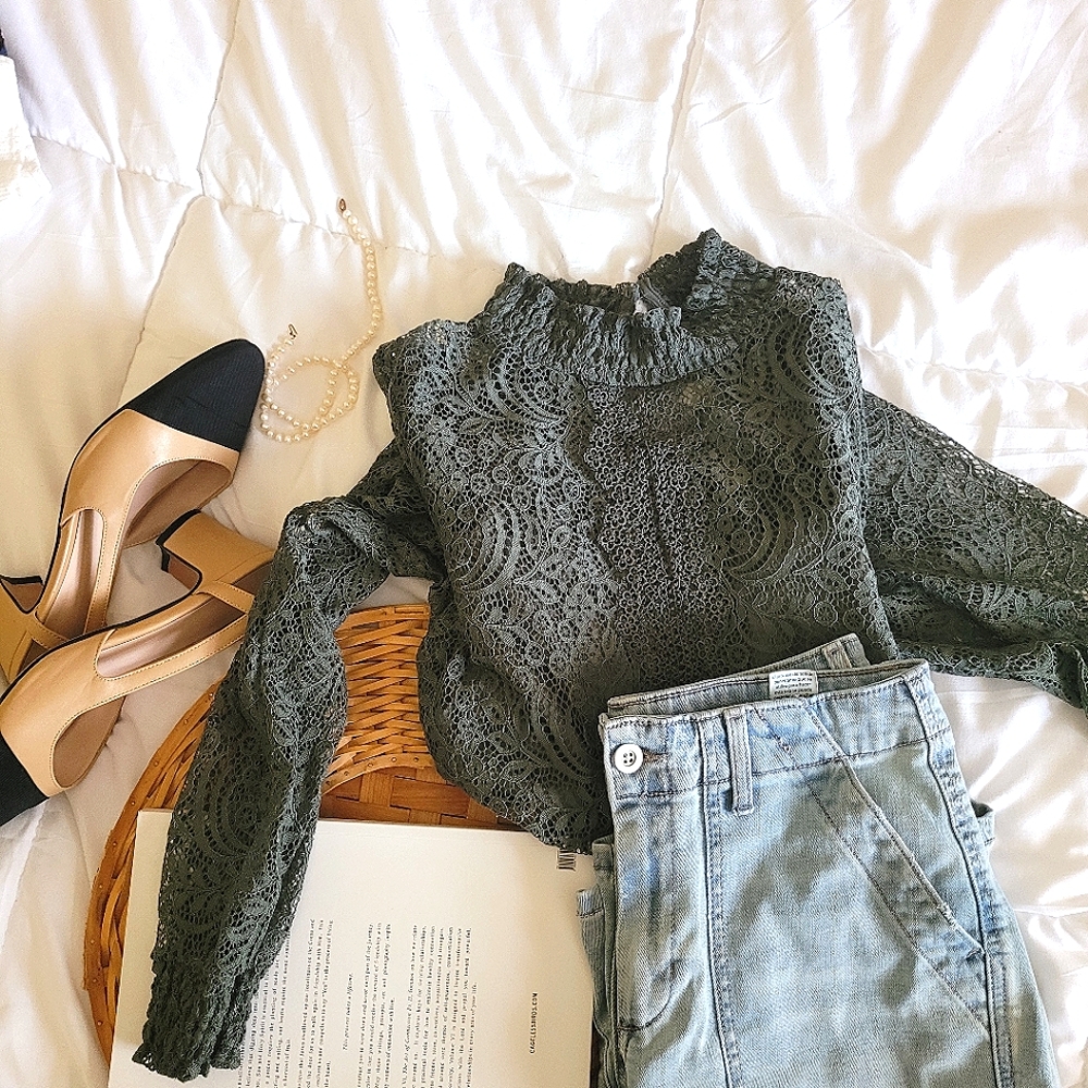 Stretch Lace olive green Blouse, business casual top